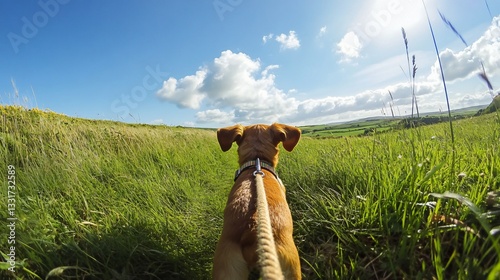 Dog Walking in Lush Green Meadow Under Clear Blue Sky