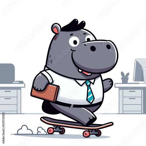 Dynamic hippo businessman on skateboard in office environment. Vector illustration for work-life balance, modern entrepreneurship and unconventional corporate culture.