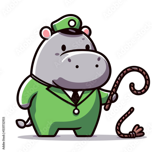 Veterinarian hippo in green uniform with stethoscope and shepherd's crook. Vector illustration for animal healthcare, livestock medicine and rural services.