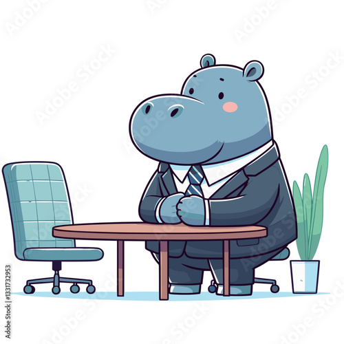 Executive hippo in dark suit waiting at office desk. Vector illustration for corporate leadership, business management and professional workplace environments.