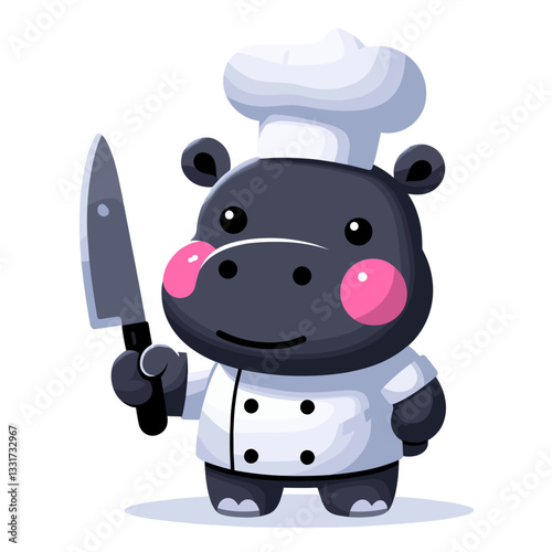 Professional hippo chef holding kitchen knife in white uniform. Vector illustration for culinary arts, restaurant business and cooking show concepts.