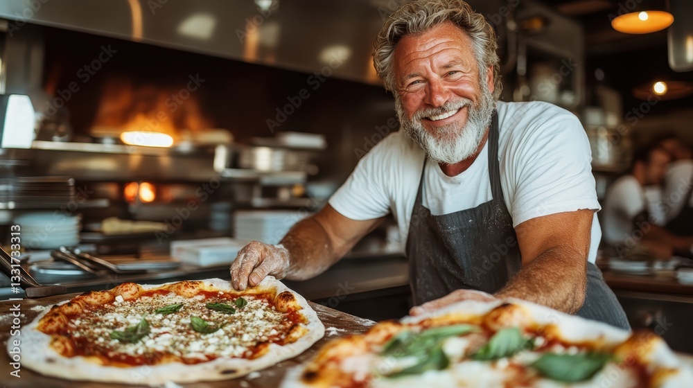 A cheerful chef showcases freshly made pizzas in a vibrant kitchen setting, emphasizing the joy and artistry involved in culinary preparation and serving. A cheerful chef showcases freshly made pizzas in a vibrant kitchen setting, emphasizing the joy and artistry involved in culinary preparation and serving.