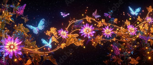 Aster Constellation, vibrant neon asters illuminate the scene like stars, golden foliage intertwines, glowing butterflies connect blooms with light trails, creating a cosmic autumn tapestry