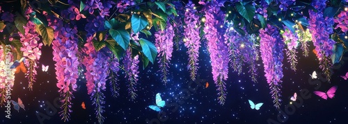 Wisteria Dreamscape, Neon wisteria blooms cascade against a dark backdrop, illuminated in lavender and teal, while butterflies weave through with shimmering trails, creating an ethereal spring night.
