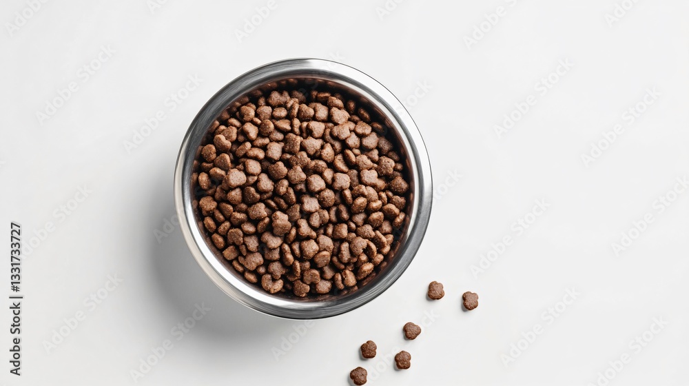 Close-up of Pet Food Kibble in a Stainless Steel Bowl on White Surface Close-up of Pet Food Kibble in a Stainless Steel Bowl on White Surface
