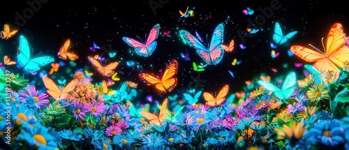 Neon Butterfly Garden, A vibrant summer garden filled with glowing neon flowers, dynamic butterflies in flight, and magical light trails against a dark sky, celebrating nature's beauty.