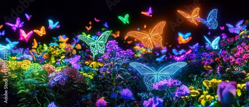 Neon Butterfly Dance, A vibrant summer garden filled with neon butterflies soaring above a colorful carpet of blooms, radiating energy and magic against a dark sky.