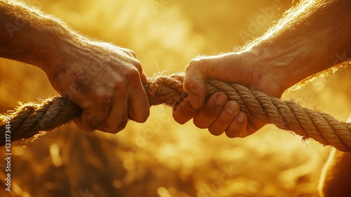 Two Hands Gripping Thick Rope During Sunset Outdoor Tug of War