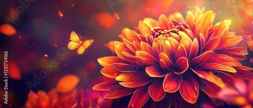 Chrysanthemum Ember, a vibrant neon chrysanthemum bursts with fiery autumn hues, surrounded by butterflies and smaller blooms, evoking a rich tapestry of fall's beauty.