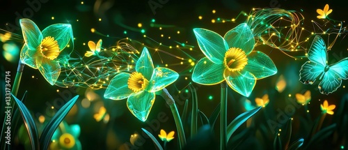 Neon Daffodil Dance, vibrant daffodils in emerald and yellow radiate light, with butterflies swirling in teal and gold against a dark backdrop, adorned with geometric sparkles.