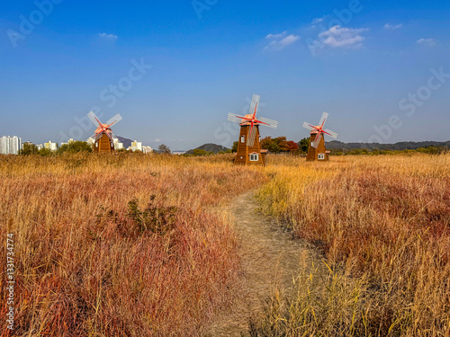 Wallpaper Mural Path Through a Golden Field Leading to Traditional Windmills Torontodigital.ca