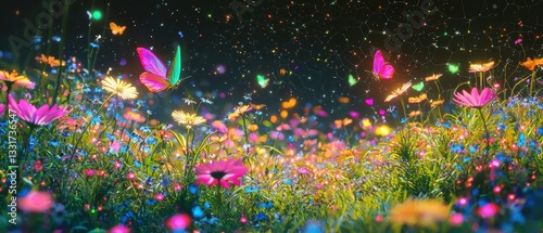 Neon Wildflower Meadow Under Starry Sky, a vibrant spring landscape alive with glowing blooms and fluttering butterflies, framed by ethereal digital textures and harmonious nature.