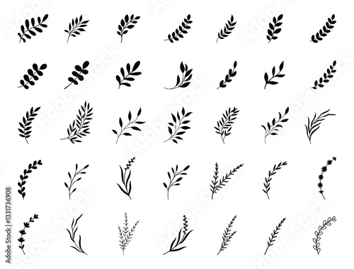 Simple summer, spring branches with leaves. Botanical elements. Floral branch set. Minimalist black silhouette. Flower logo design element. Elegant twig decoration set. Plant icons. Hand drawn black l
