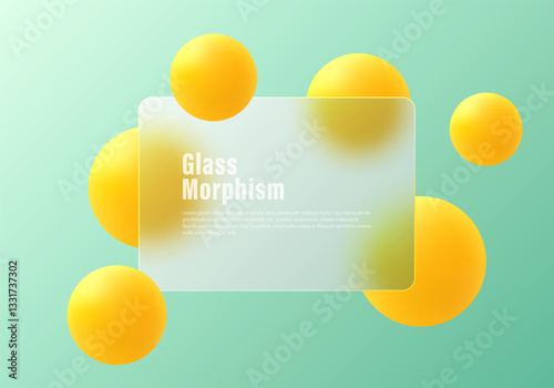 Glass morphism style background. Website landing page template. Partition with floating yellow spheres.