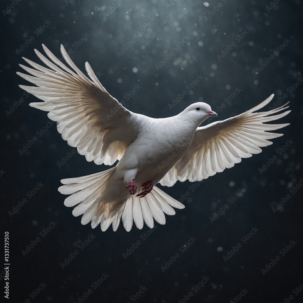 Fototapeta premium A white dove gracefully flying with soft feathers illuminated.