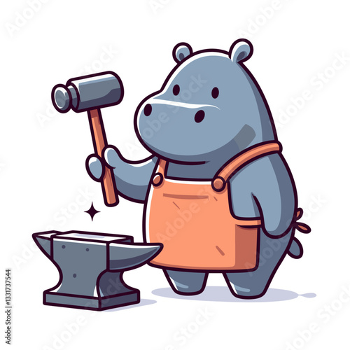 Blacksmith hippo with hammer and anvil wearing orange apron. Vector illustration for metalworking craft, traditional trades and historical professions concepts.