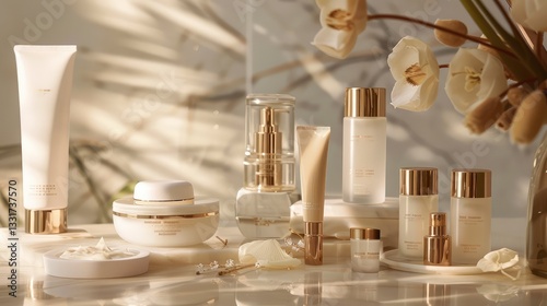 Elegant Skincare Products Display with Orchid Flowers