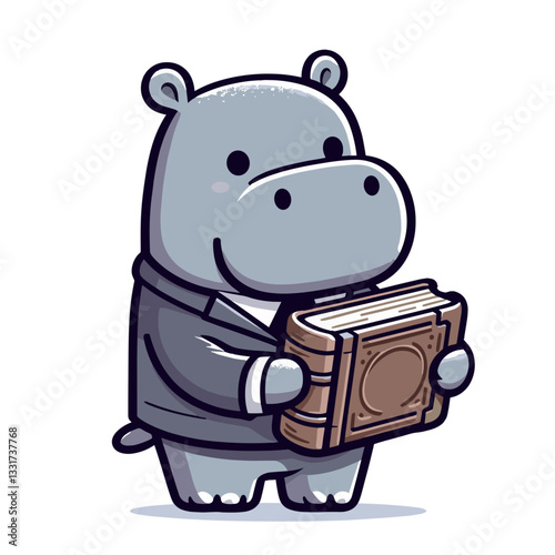 Scholarly hippo librarian holding ancient book in gray robe. Vector illustration for knowledge preservation, library services and literary research concepts.