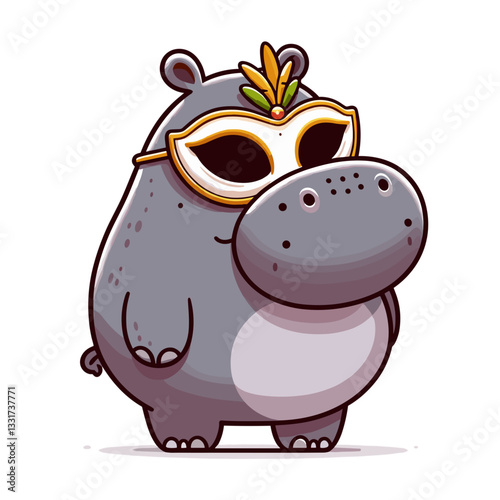Mysterious hippo with golden masquerade mask in gray formal attire. Vector illustration for costume parties, theatrical performances and glamorous event concepts.