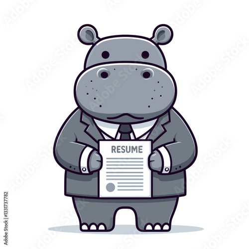 Professional hippo job applicant in gray suit holding resume. Vector illustration for hiring processes, career advancement and employment opportunity concepts.