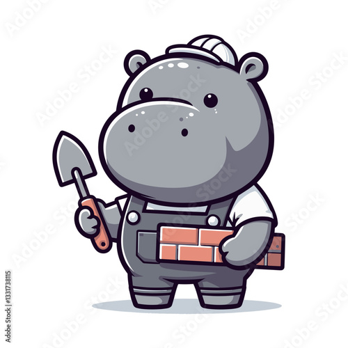 Industrious hippo bricklayer with trowel and brick in gray work clothes. Vector illustration for construction trades, masonry skills and building industry concepts.