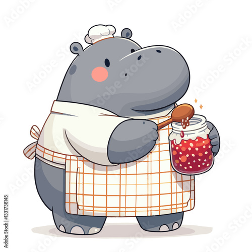 Cheerful hippo jam maker holding jar of strawberry preserves. Vector illustration for homemade canning, fruit preservation and artisanal food concepts.
