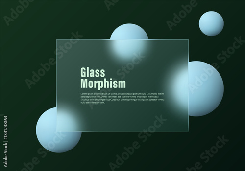Glass translucent partition on dark gradient background with floating spheres overlay effect. Background in glass morphism style.