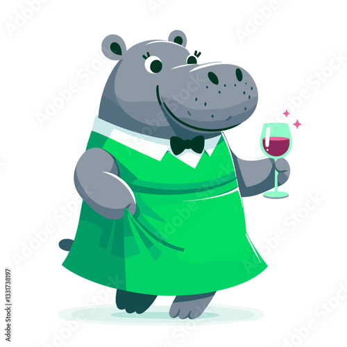 Elegant hippo bartender in green dress serving cocktail. Vector illustration for hospitality services, beverage industry and upscale dining establishment concepts.