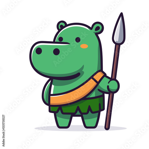 Tribal hippo warrior with spear and orange sash in green body paint. Vector illustration for ancient cultures, indigenous traditions and fantasy character concepts.
