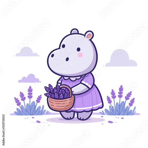 Serene hippo gardener in purple dress harvesting lavender flowers. Vector illustration for aromatherapy products, herbal cultivation and natural cosmetics concepts.