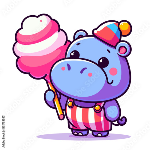 Festive hippo holding cotton candy in striped carnival outfit. Vector illustration for amusement parks, sweet treats and family entertainment concepts.