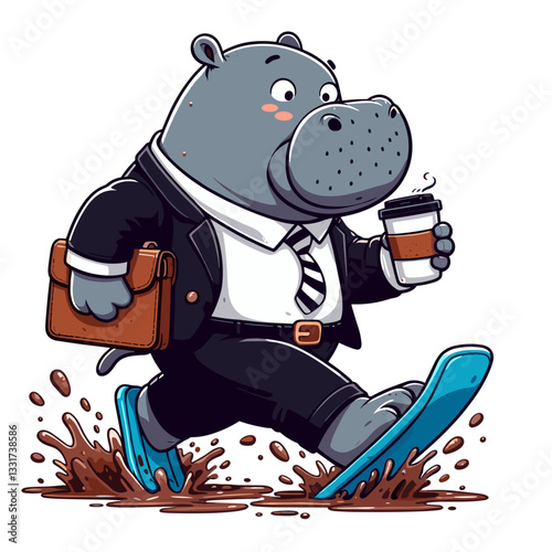 Busy hippo businessman rushing with coffee in formal suit. Vector illustration for corporate lifestyle, morning commute and urban professional concepts.