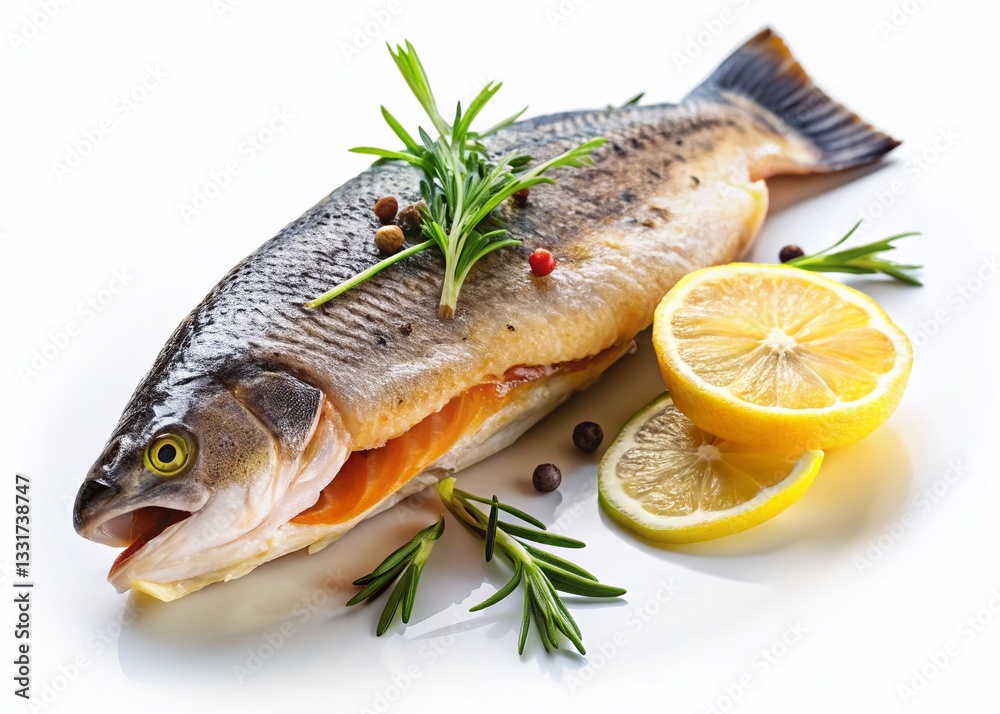 Minimalist Trout Steak on White Background - Fresh Seafood Food Photography Minimalist Trout Steak on White Background - Fresh Seafood Food Photography