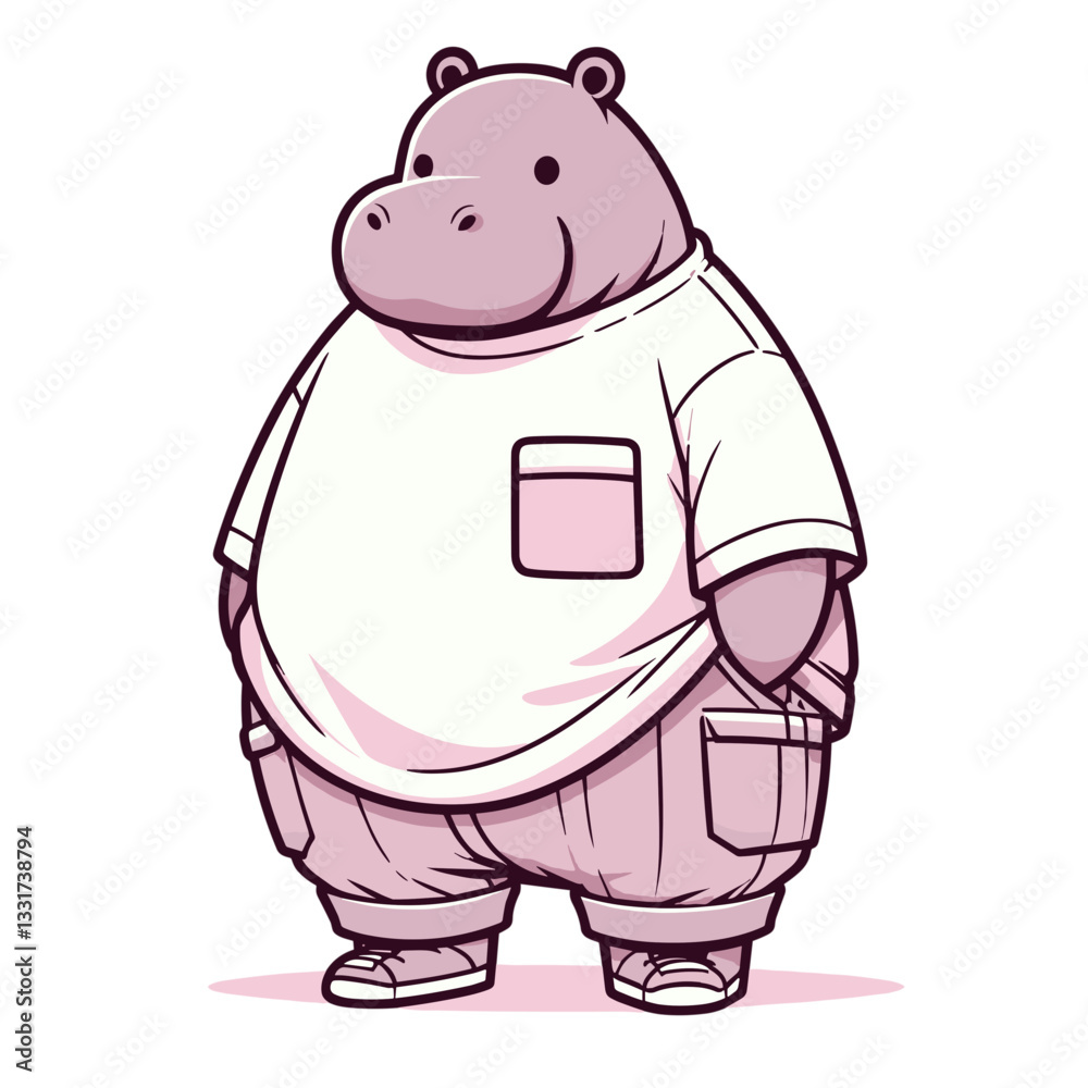 Fototapeta premium Casual hippo in white t-shirt with pink pocket and beige shorts. Vector illustration for everyday fashion, comfortable clothing and relaxed lifestyle concepts.