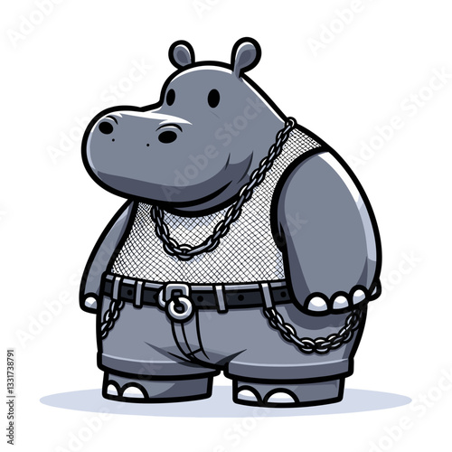 Urban hippo rapper with silver chain and baggy pants. Vector illustration for music industry, hip-hop culture and street fashion concepts.