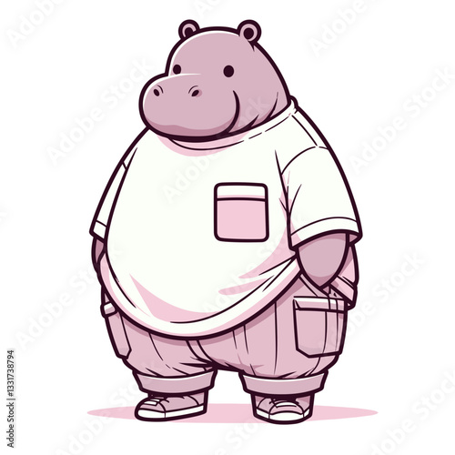Casual hippo in white t-shirt with pink pocket and beige shorts. Vector illustration for everyday fashion, comfortable clothing and relaxed lifestyle concepts.
