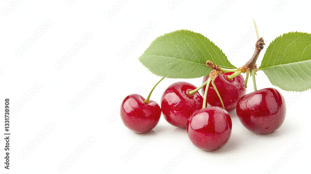 Fresh cherries with green leaves, perfect for desserts and snacks Fresh cherries with green leaves, perfect for desserts and snacks