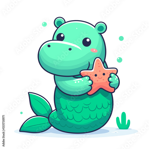 Fantastical hippo mermaid with starfish and mint green tail. Vector illustration for fantasy stories, magical creatures and underwater mythology concepts.