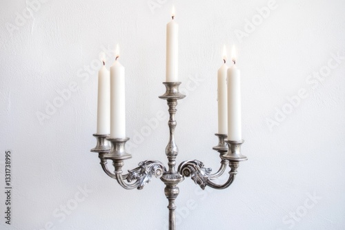 Tarnished Silver Candelabrum. Antique Style Candleholder with Five White Candles