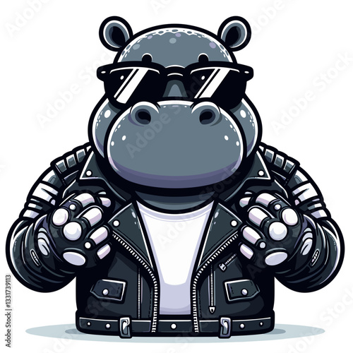 Tough hippo biker in black leather jacket with sunglasses and fingerless gloves. Vector illustration for motorcycle culture, rebel lifestyle and road warrior concepts.