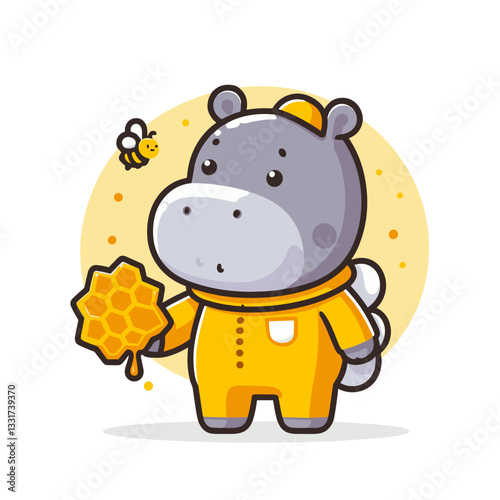 Sweet hippo beekeeper in yellow outfit holding honeycomb. Vector illustration for honey production, natural food harvesting and sustainable agriculture concepts.