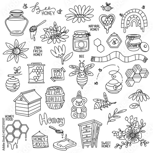 Doodle Set Honey and Beekeeping. Jars, honey, honeycombs, beehive. Funny bee, flowers, sunflower. Fresh products from an organic eco-farm and flower arrangements. Monochrome illustration