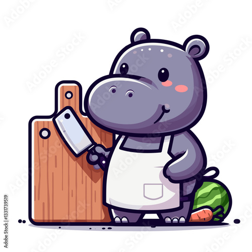 Professional hippo chef with knife and cutting board in white apron. Vector illustration for culinary arts, food preparation and cooking technique concepts.