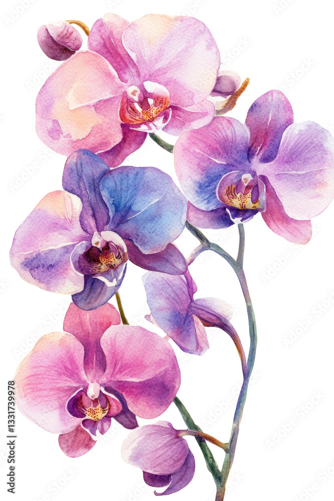 Naklejka premium Orchid flower. Delicate watercolor orchid flowers isolated white background botanical illustration, tropical nature art
