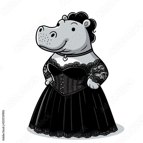 Elegant hippo opera singer in classic black formal dress. Vector illustration for musical performance, classical concerts and theatrical entertainment concepts.