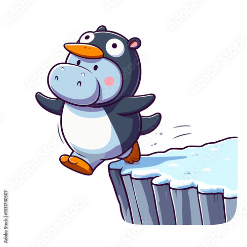 Adventurous hippo in penguin costume sliding on icy cliff edge. Vector illustration for winter activities, animal disguises and playful character concepts.