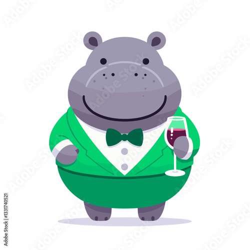 Elegant hippo sommelier in green vest holding wine glass. Vector illustration for fine dining experiences, beverage service and hospitality professions.