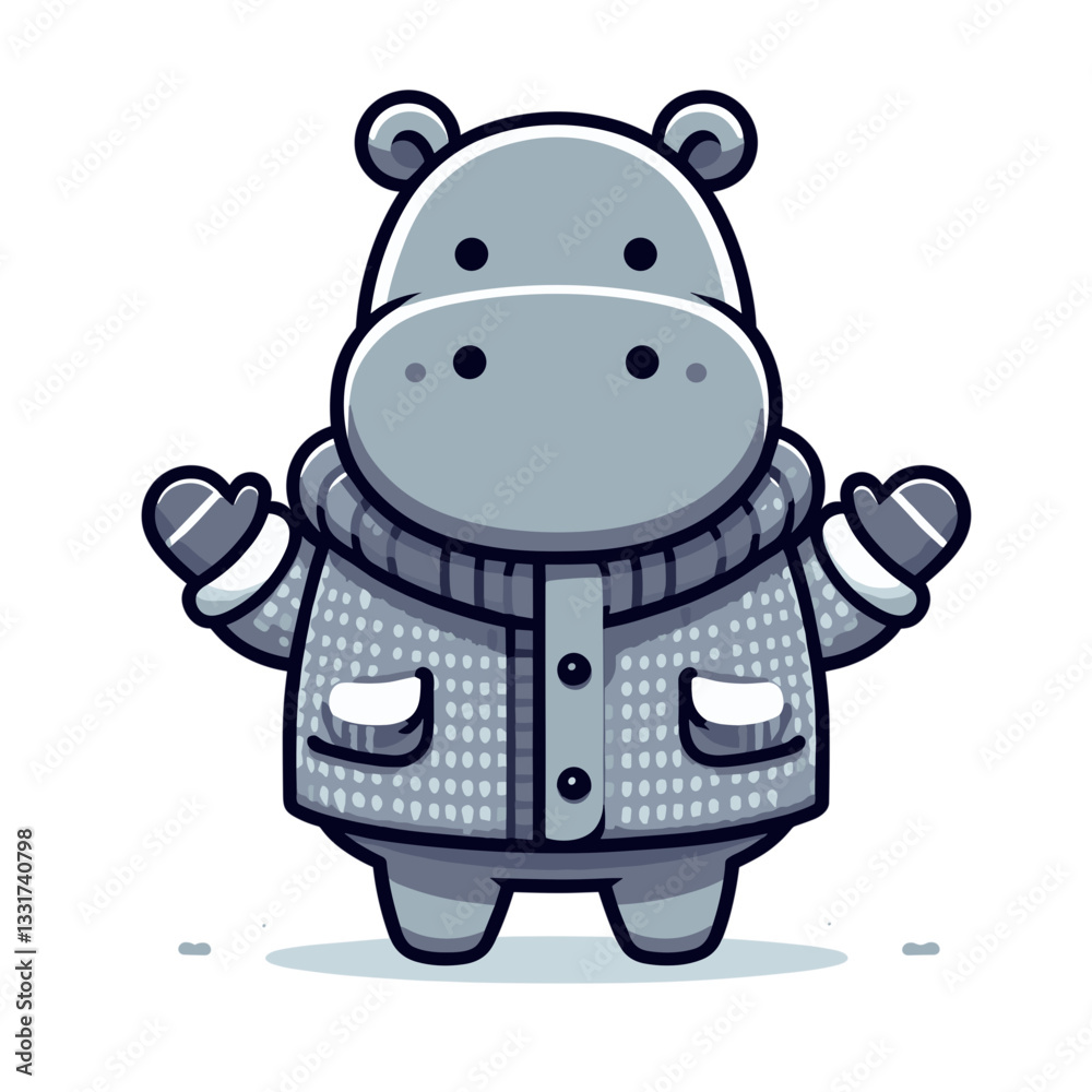 Naklejka premium Cozy hippo in winter cardigan with plaid pattern and pockets. Vector illustration for winter fashion, comfortable clothing and cold weather wardrobe concepts.