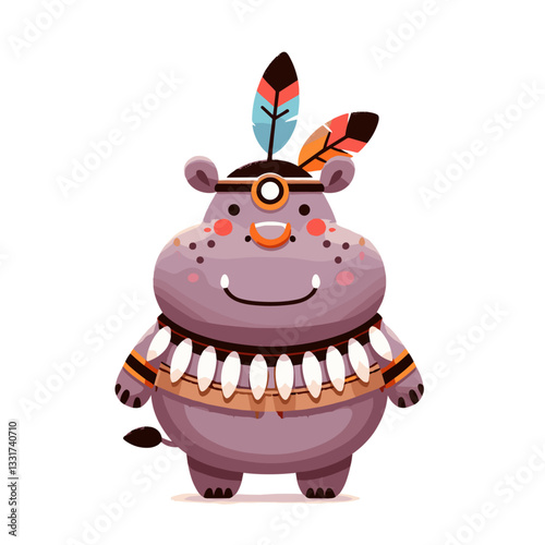 Native hippo tribal character with feather headdress and ceremonial necklace. Vector illustration for indigenous traditions, cultural heritage and ethnic costume concepts.