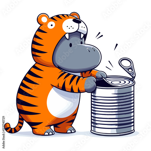 Playful hippo in tiger costume opening can with can opener. Vector illustration for costume parties, animal disguises and humorous character transformations.